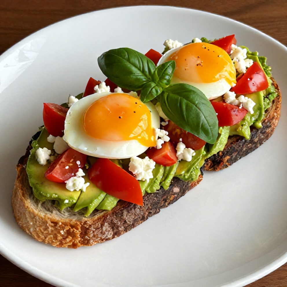 Pesto eggs on avocado toast plated on a white ceramic plate