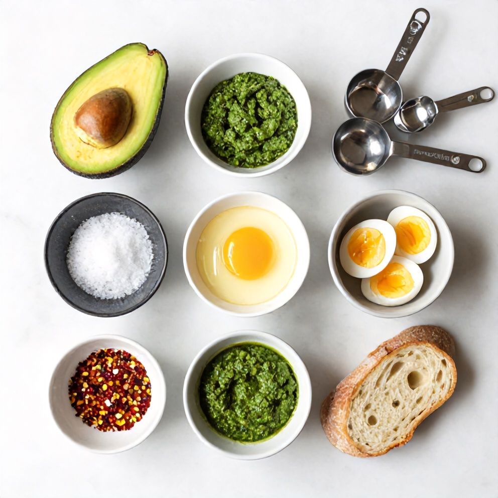 Avocado, eggs, pesto, bread, and other ingredients for pesto eggs on avocado toast
