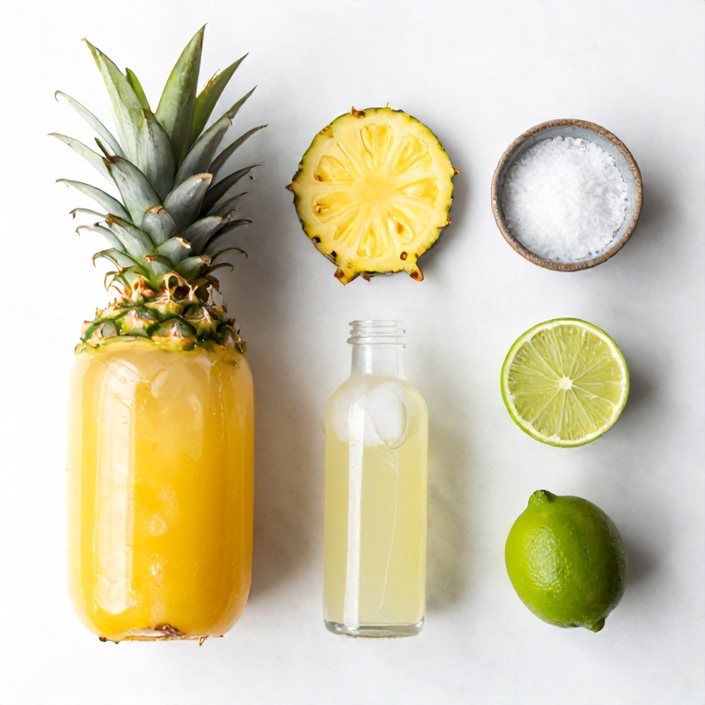 Raw ingredients for Pineapple Margarita Mocktail including pineapple juice, lime juice, triple sec, salt, and ice