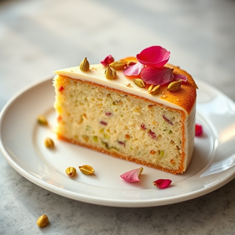 Sliced pistachio rose milk cake on a white plate. Topped with pistachio and rose petals. Warm lighting highlights texture.