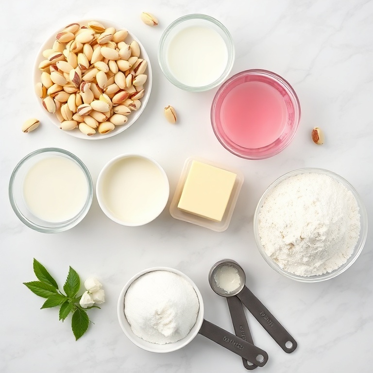 Fresh pistachios, rose water, milk, butter, flour, and sugar arranged in a flat lay. Measuring tools and bowls visible.