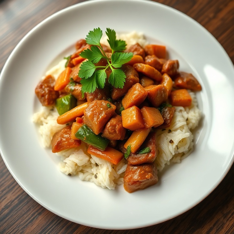 A single serving of beef stir fry. Fresh cilantro on top. White porcelain plate. Warm side light. Sharp texture details. Photorealistic food photography.