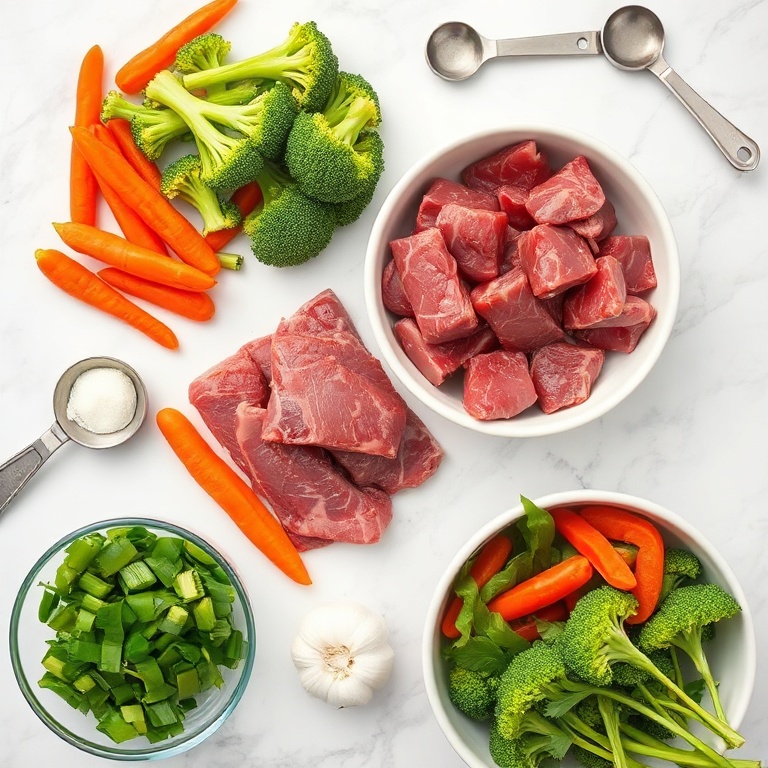 Raw ingredients for beef stir fry. Beef slices, broccoli, bell peppers, carrots, and garlic. Measuring spoons and bowls visible. White marble surface. Bright even light. Photorealistic overhead food photography.