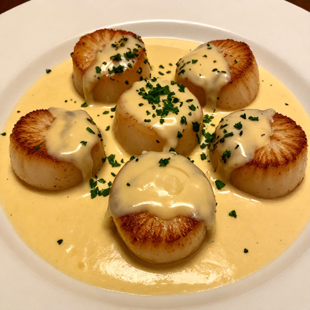 Plated Quick Cajun Scallops in Creamy Mustard Sauce