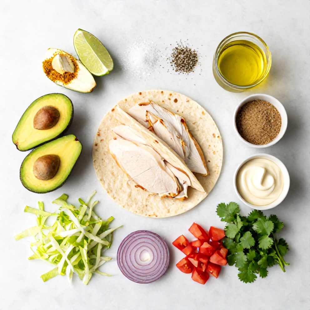 Raw ingredients for Quick Chicken Avocado Wrap
