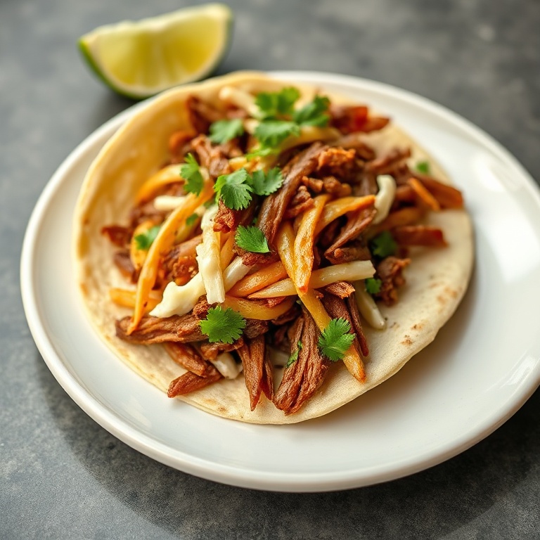 Close-up of one plated quick corned beef taco garnished with fresh cilantro and lime wedge
