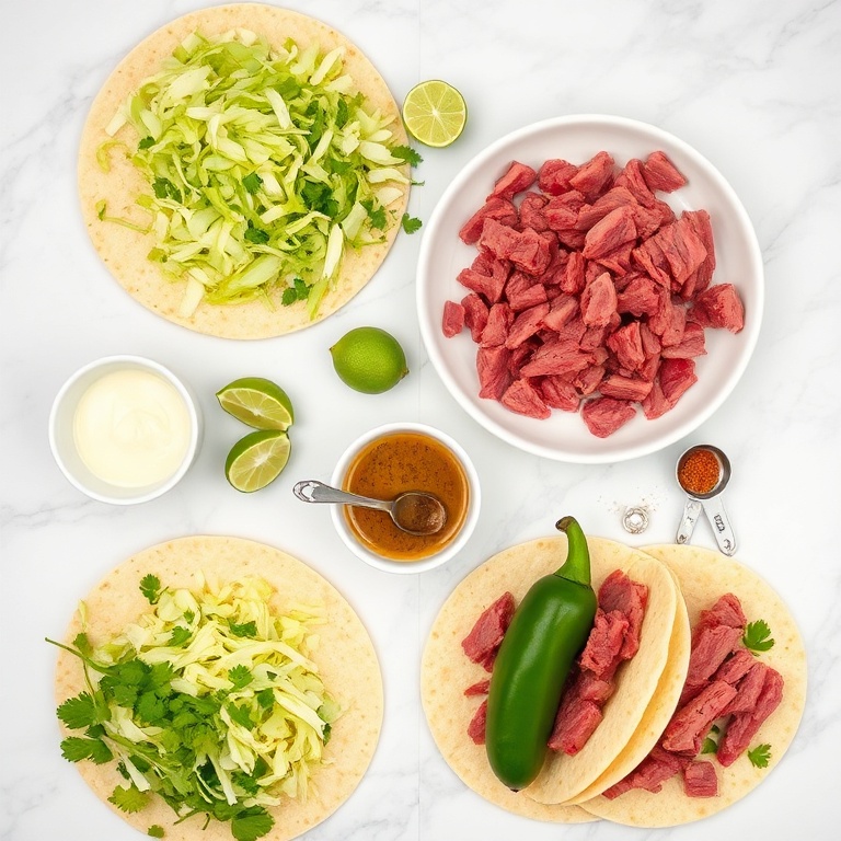 Overhead flat lay of raw ingredients including corned beef, cabbage, tortillas, lime, and jalapenos with prep bowls on white marble surface