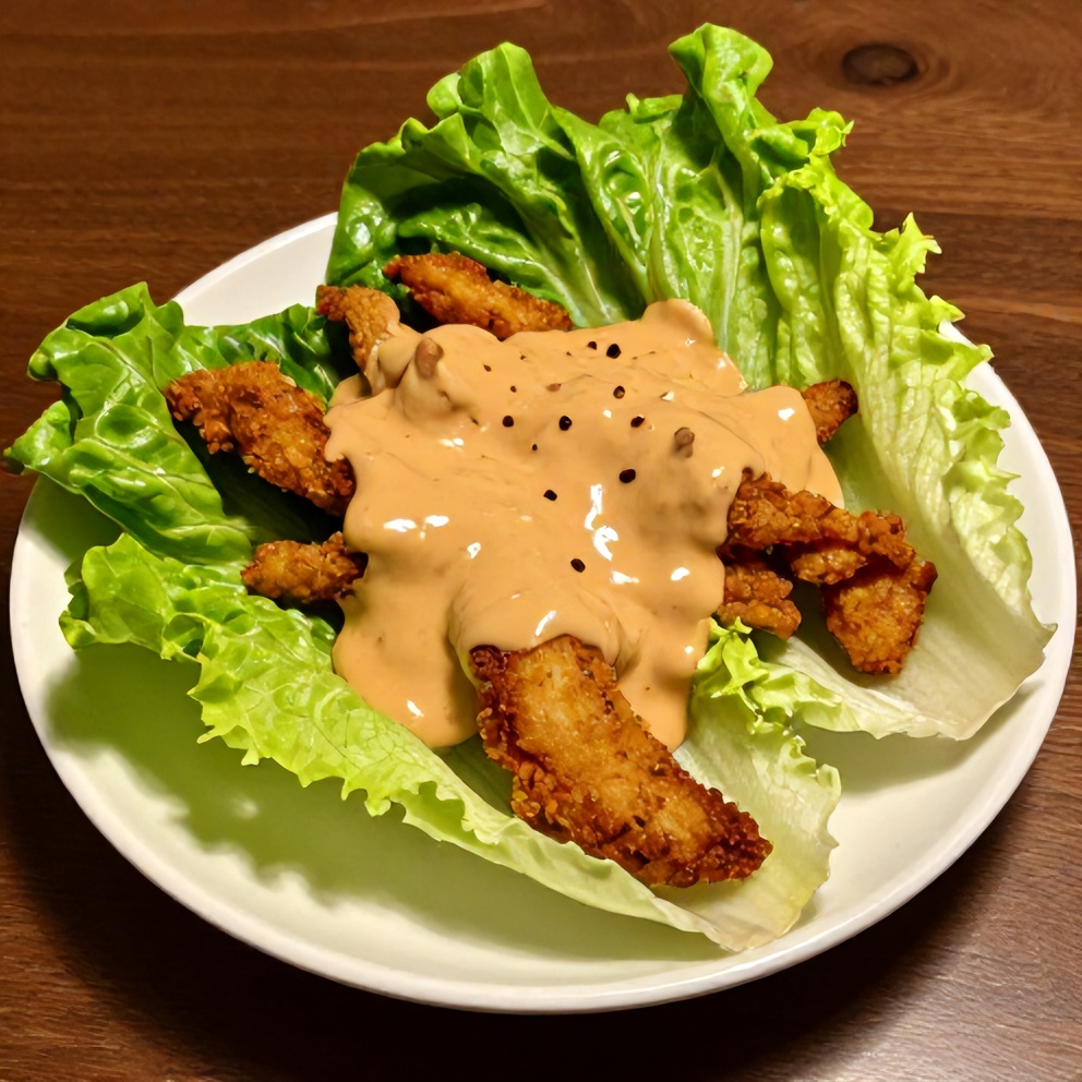 Plated chicken lettuce wraps with peanut sauce