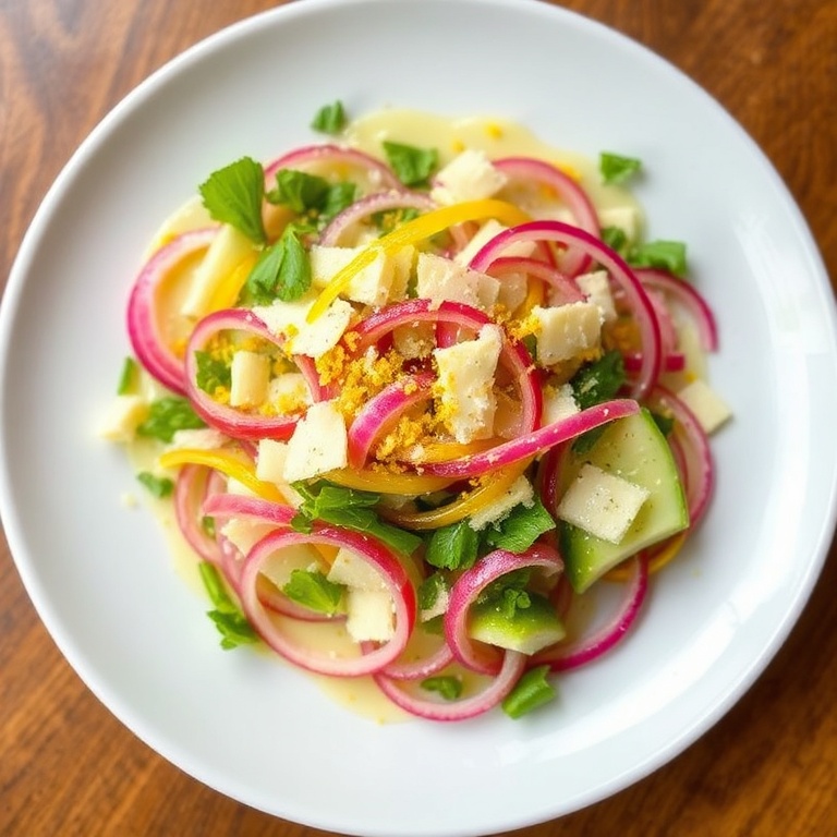 Plated lemon parmesan salad with red onion and honey dressing. Topped with parmesan and lemon zest. White ceramic plate with warm lighting.