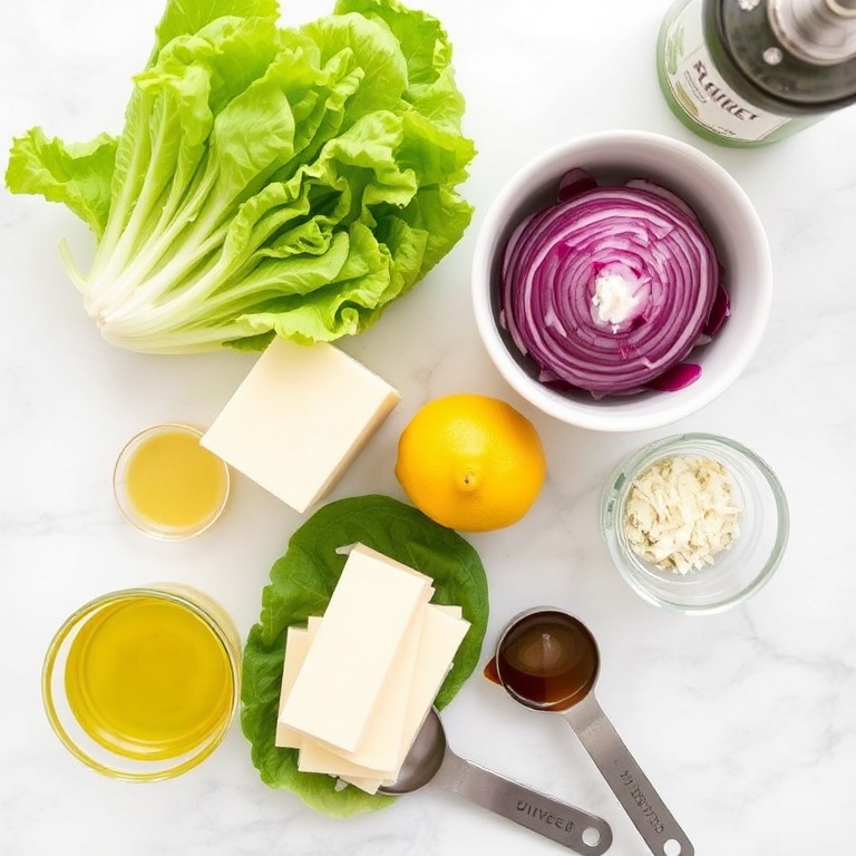 Fresh lettuce, red onion, parmesan cheese, lemon, honey, olive oil, and vinegar. Measuring spoons and bowls on a white marble surface.