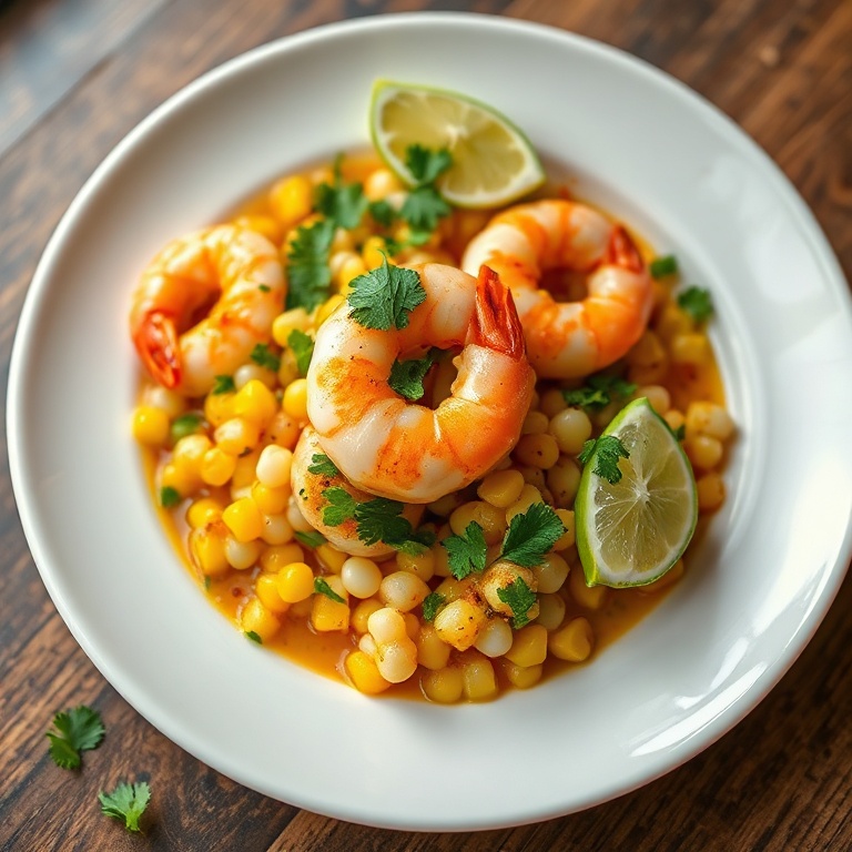 Plated shrimp and corn with lime and cilantro. White ceramic plate. Warm lighting. Fresh herbs and zesty sauce. Close crop