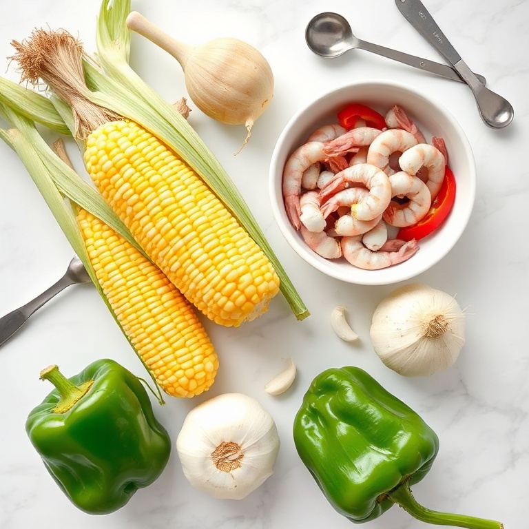 Fresh corn on the cob, shrimp, bell peppers, onion, and garlic arranged in a flat lay. Measuring spoons and bowls visible. Bright natural light. White marble surface
