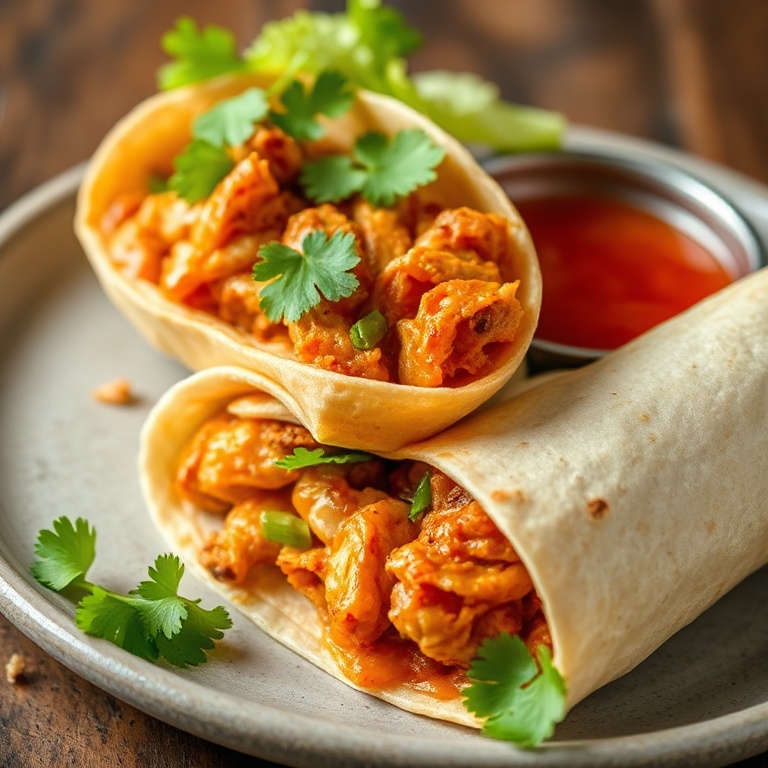 Perfectly plated sweet chili chicken wrap with a side of sweet chili sauce and fresh cilantro garnish.