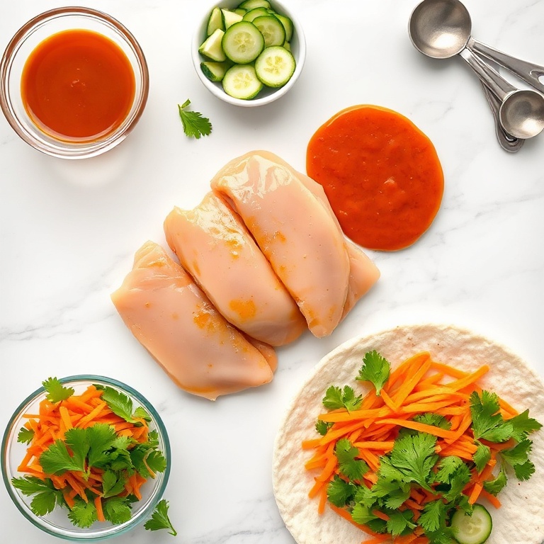 Fresh chicken breast, sweet chili sauce, tortillas, shredded carrots, cucumber slices, and cilantro arranged in a flat lay.