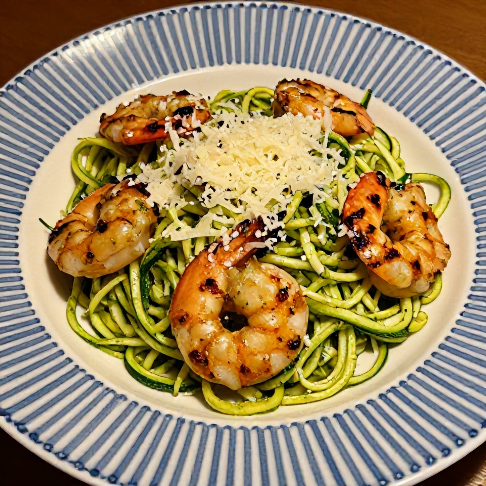Plated zucchini noodles with pesto and grilled shrimp