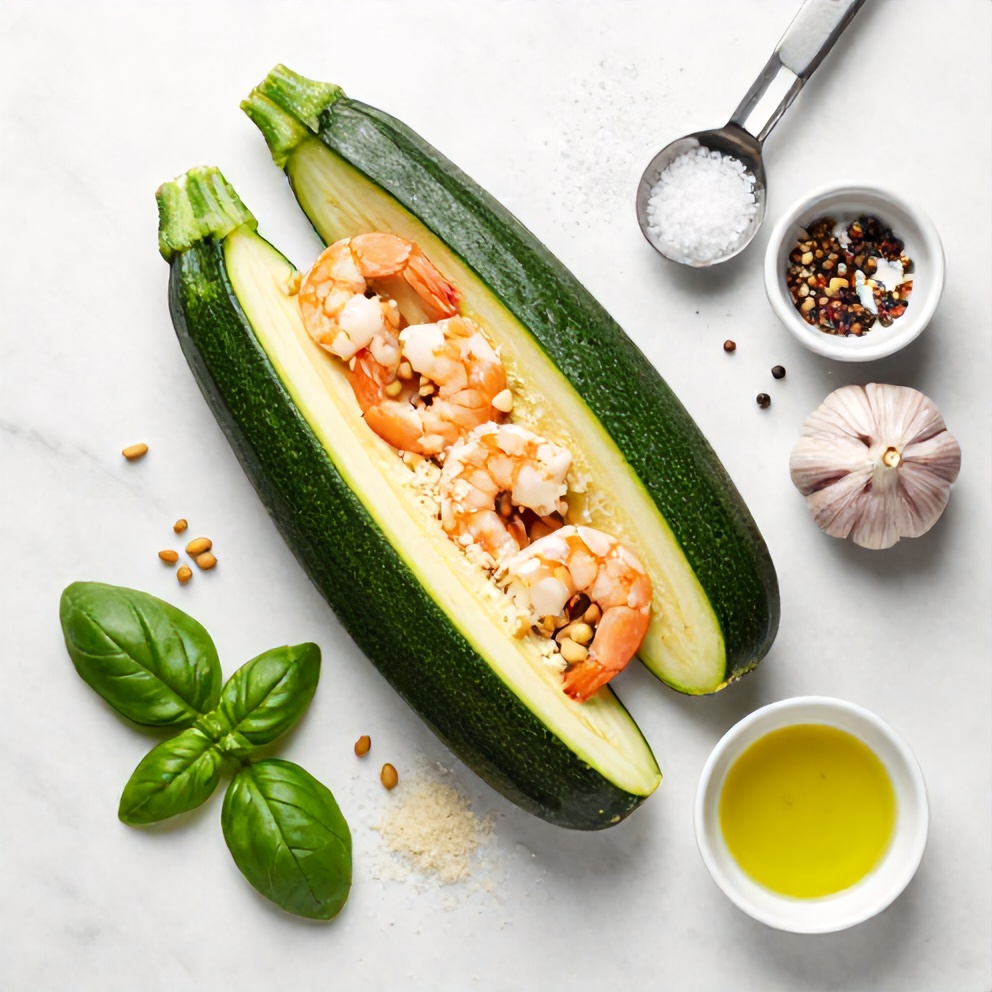 Raw ingredients for quick zucchini noodles with pesto and grilled shrimp