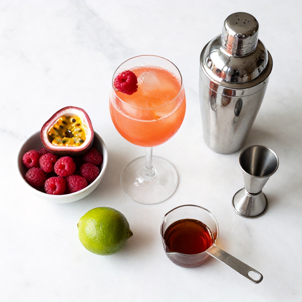Raspberry, Passionfruit, Tequila, and Other Ingredients for Sour Cocktail