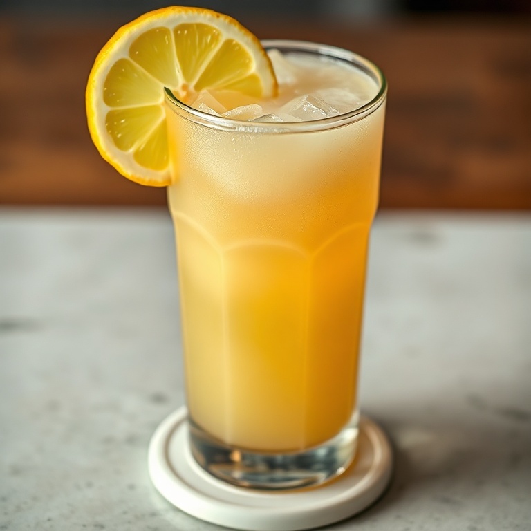Single glass of Arnold Palmer drink garnished with lemon wedge served on white surface with warm natural light