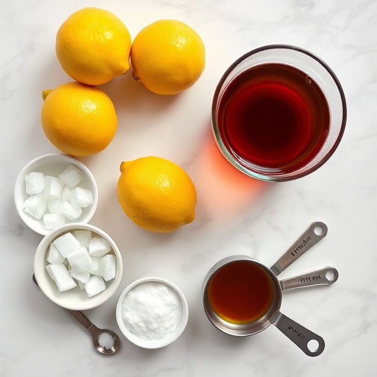 Raw ingredients for Arnold Palmer drink including fresh lemons, brewed black tea, sugar, ice cubes, and water arranged on white marble surface