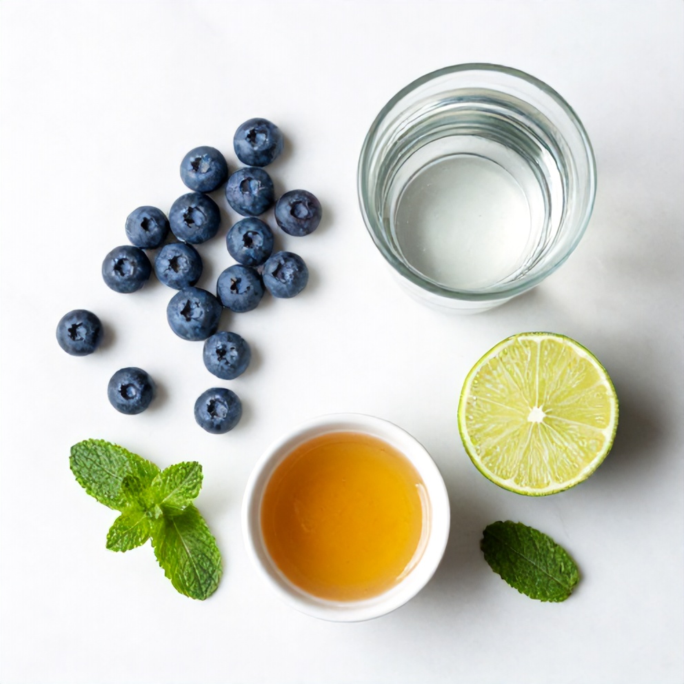 Blueberries, coconut water, lime, and mint on a wooden surface