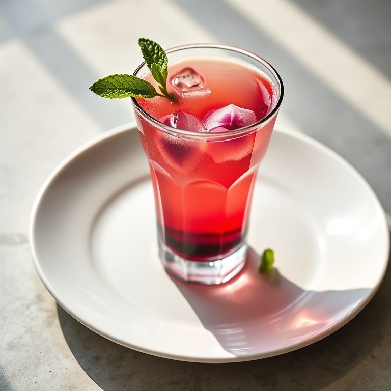 A perfectly plated butterfly pea flower tea cocktail with lime and mint on the rim. A clean white plate with a modern glass of tea in the center.