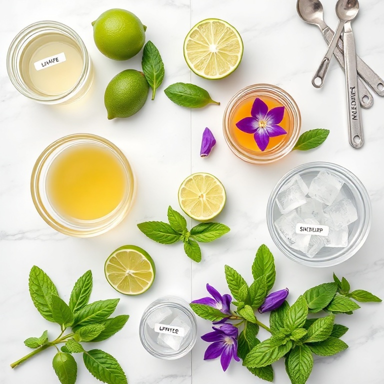 A flat lay of butterfly pea flowers, lime, mint, simple syrup, and ice cubes. Clear glass jars with labels for easy identification.