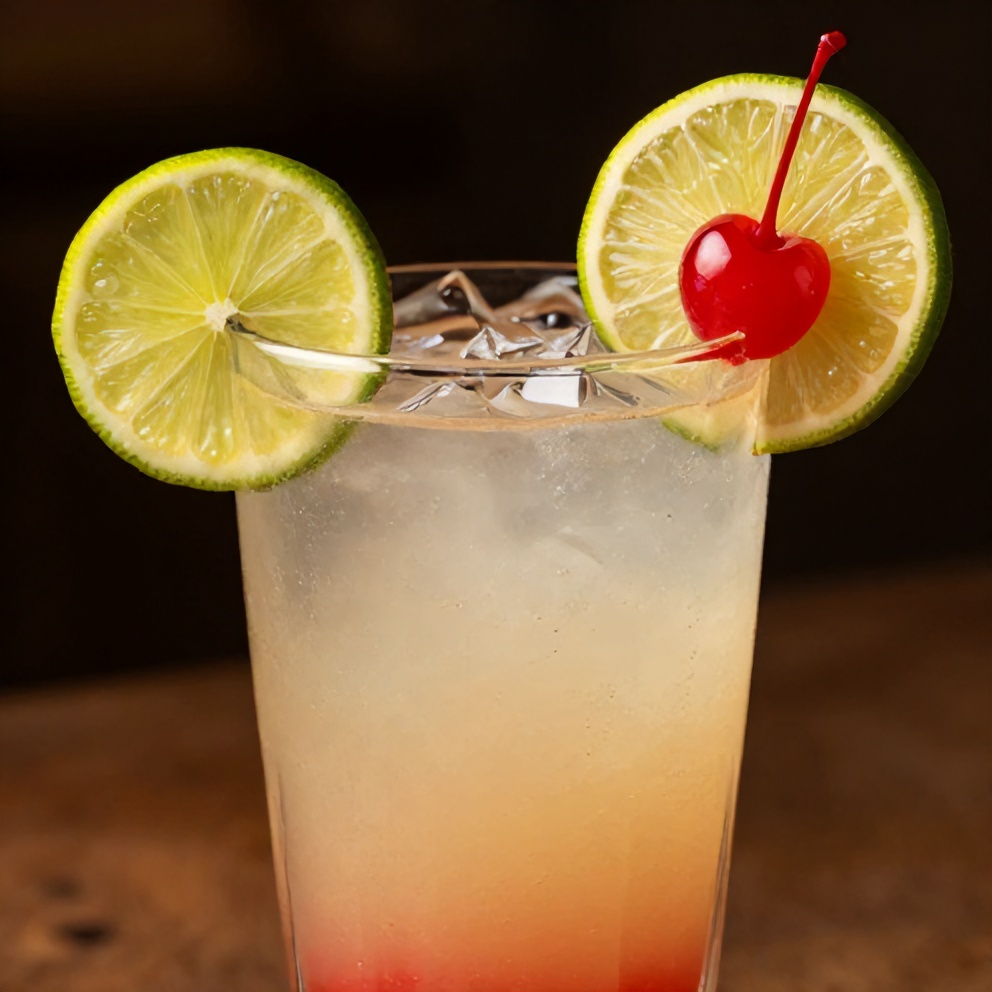 Glass of cherry limeade with a lime wheel and maraschino cherry garnish