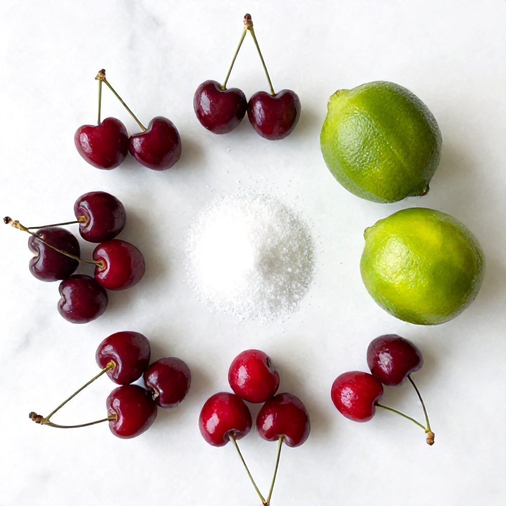 Raw ingredients for cherry limeade: cherries, limes, sugar, water, and maraschino cherries