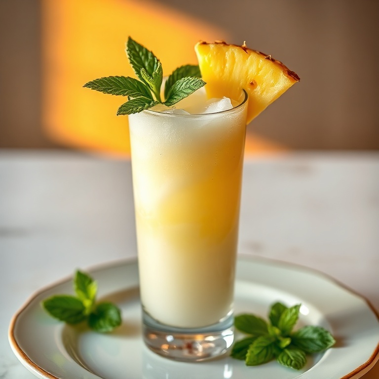 A perfect plated serving of a coconut pineapple cooler in a tall glass. The drink is topped with a slice of pineapple and a sprig of mint. Warm side lighting highlights the drink's texture and vibrant color.