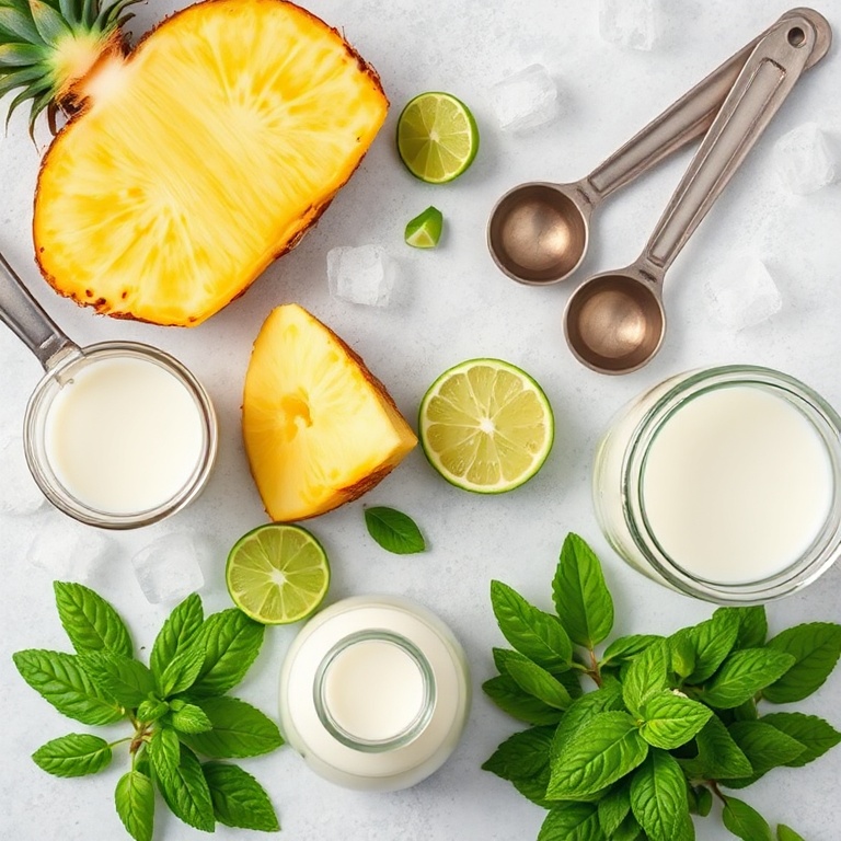 Overhead flat lay of the raw ingredients for a coconut pineapple cooler. Fresh pineapple, coconut milk, ice, lime, and mint leaves. Measuring spoons and a glass jar visible. Bright even light, no harsh shadows.