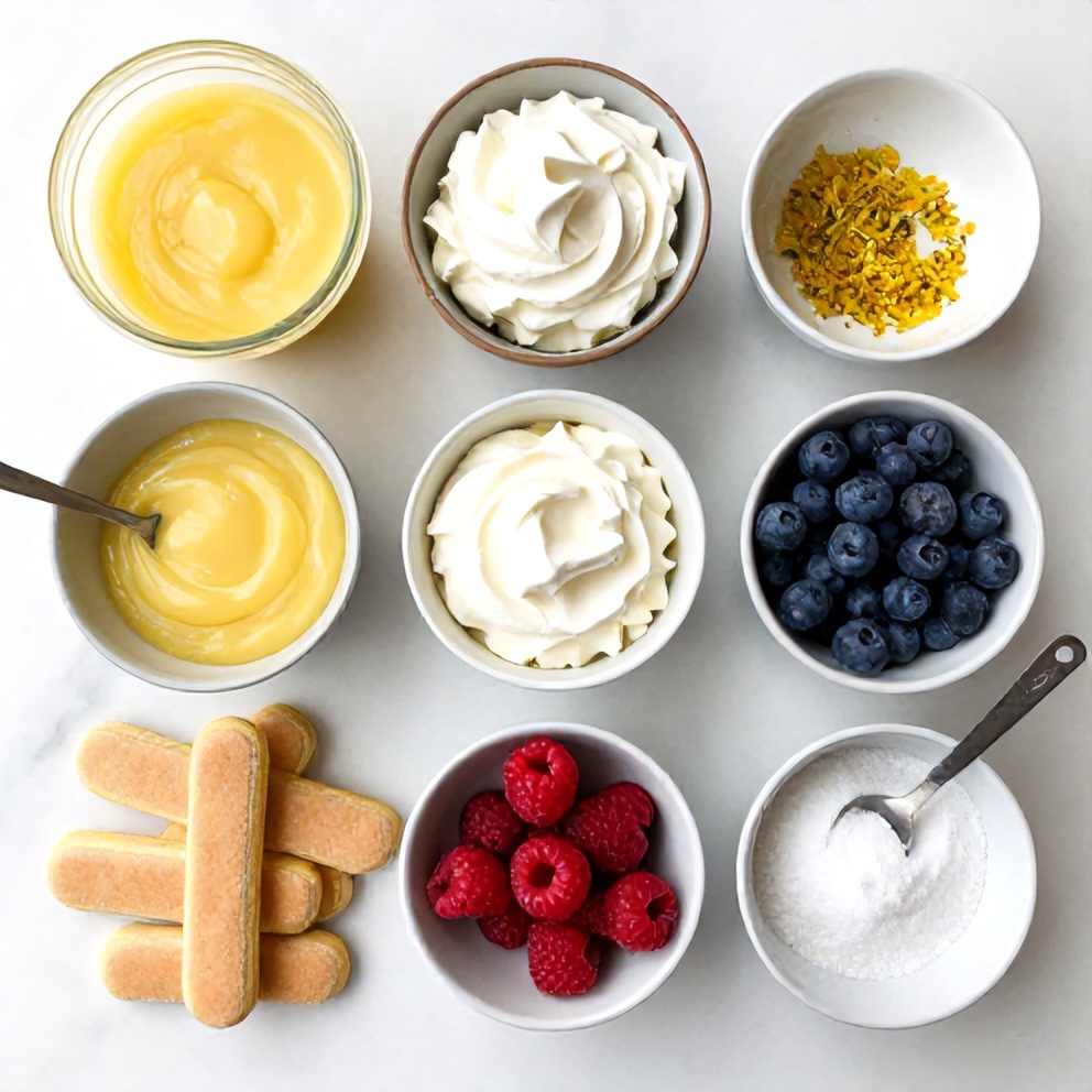 Lemon tiramisu ingredients arranged on a marble surface