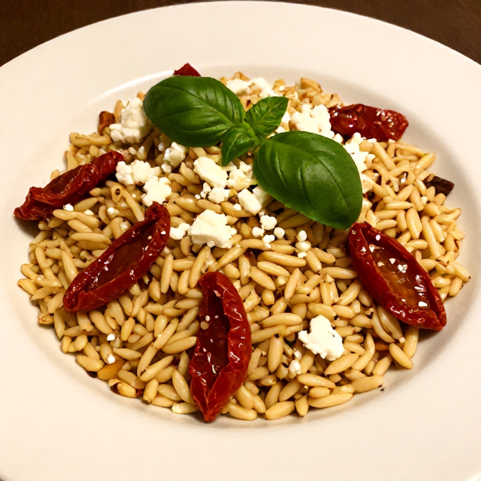 Plated orzo salad with sun-dried tomatoes, feta, and fresh basil