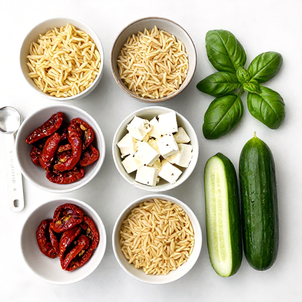 Raw ingredients for orzo salad: orzo pasta, sun-dried tomatoes, feta cheese, fresh basil, cucumber