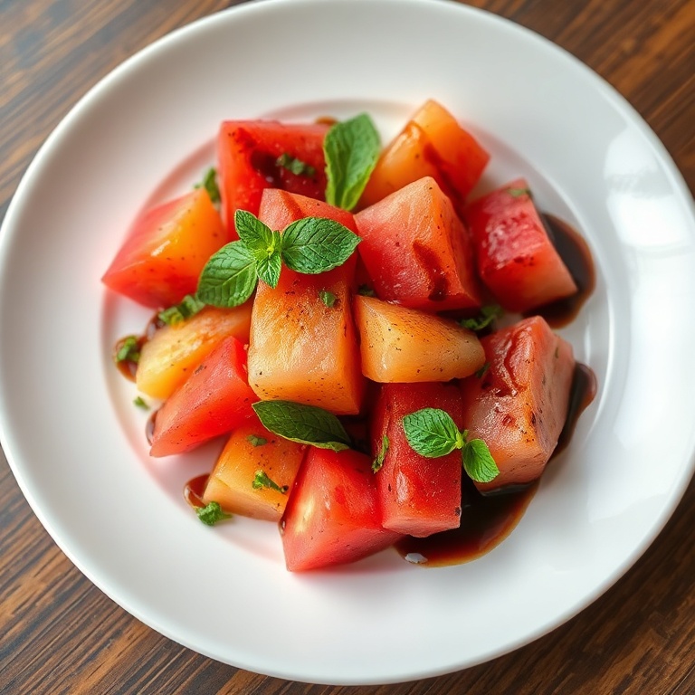 A neatly plated peach watermelon salad with fresh mint and a drizzle of balsamic glaze. A white ceramic plate enhances the colors.