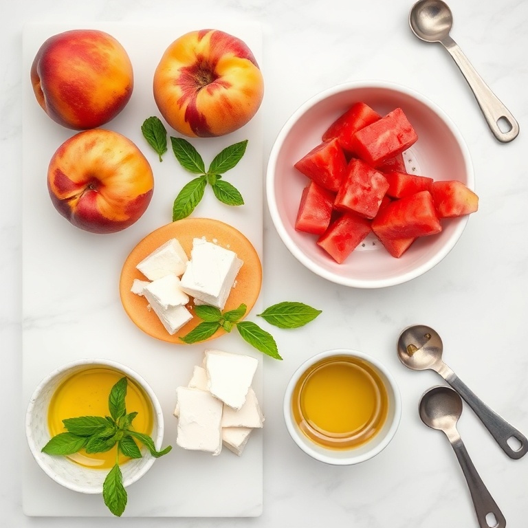 Fresh peaches, watermelon, mint, feta, and olive oil arranged in a flat lay. Measuring spoons and bowls nearby.