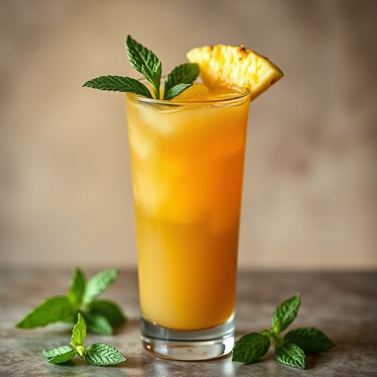 A perfectly plated pineapple ginger beef broth mocktail in a tall glass, garnished with a pineapple slice and a sprig of mint, with a slight drip of the drink along the edge.