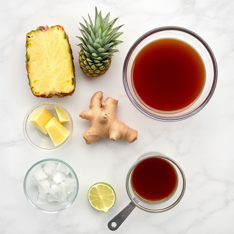 All the raw ingredients for the pineapple ginger beef broth mocktail arranged in a flat lay: fresh pineapple, fresh ginger, beef broth, ice, mint leaves, and a lime wedge.