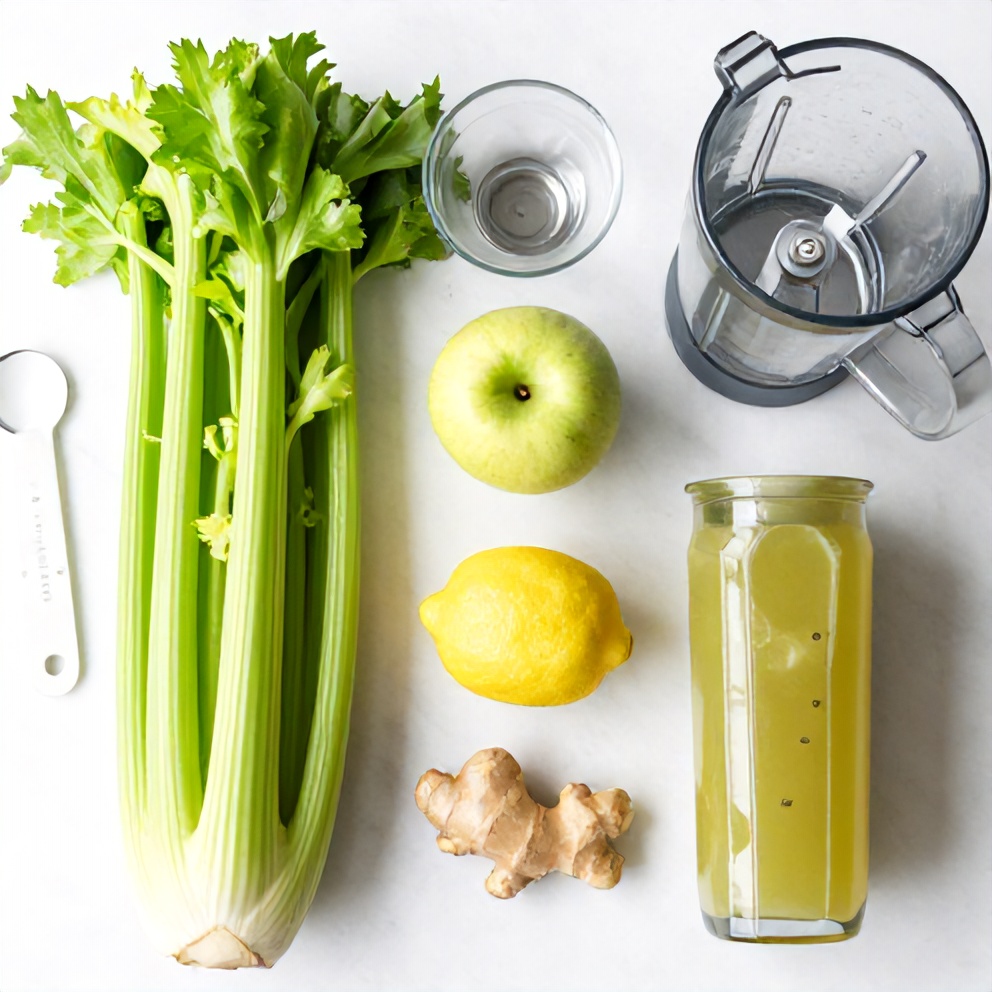Raw ingredients for celery apple juice on a wooden surface