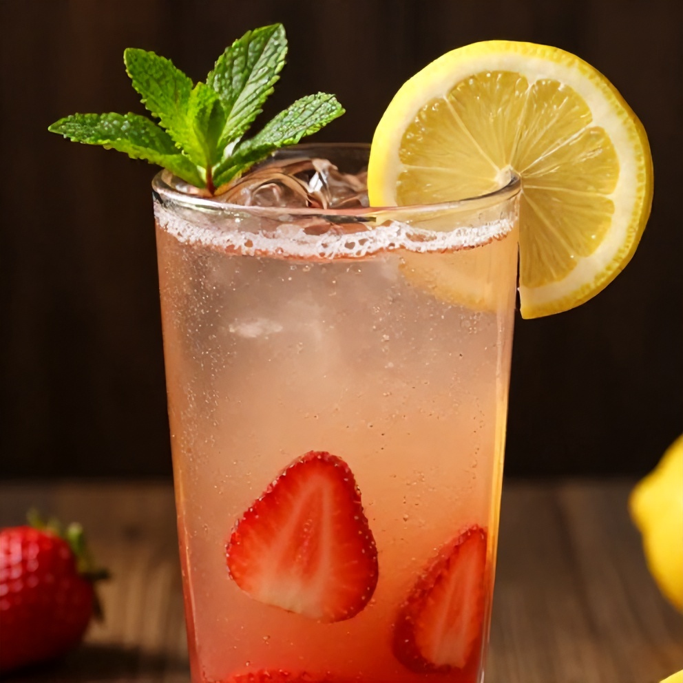 Glass of strawberry mint lemonade with a lemon wheel and mint sprig garnish