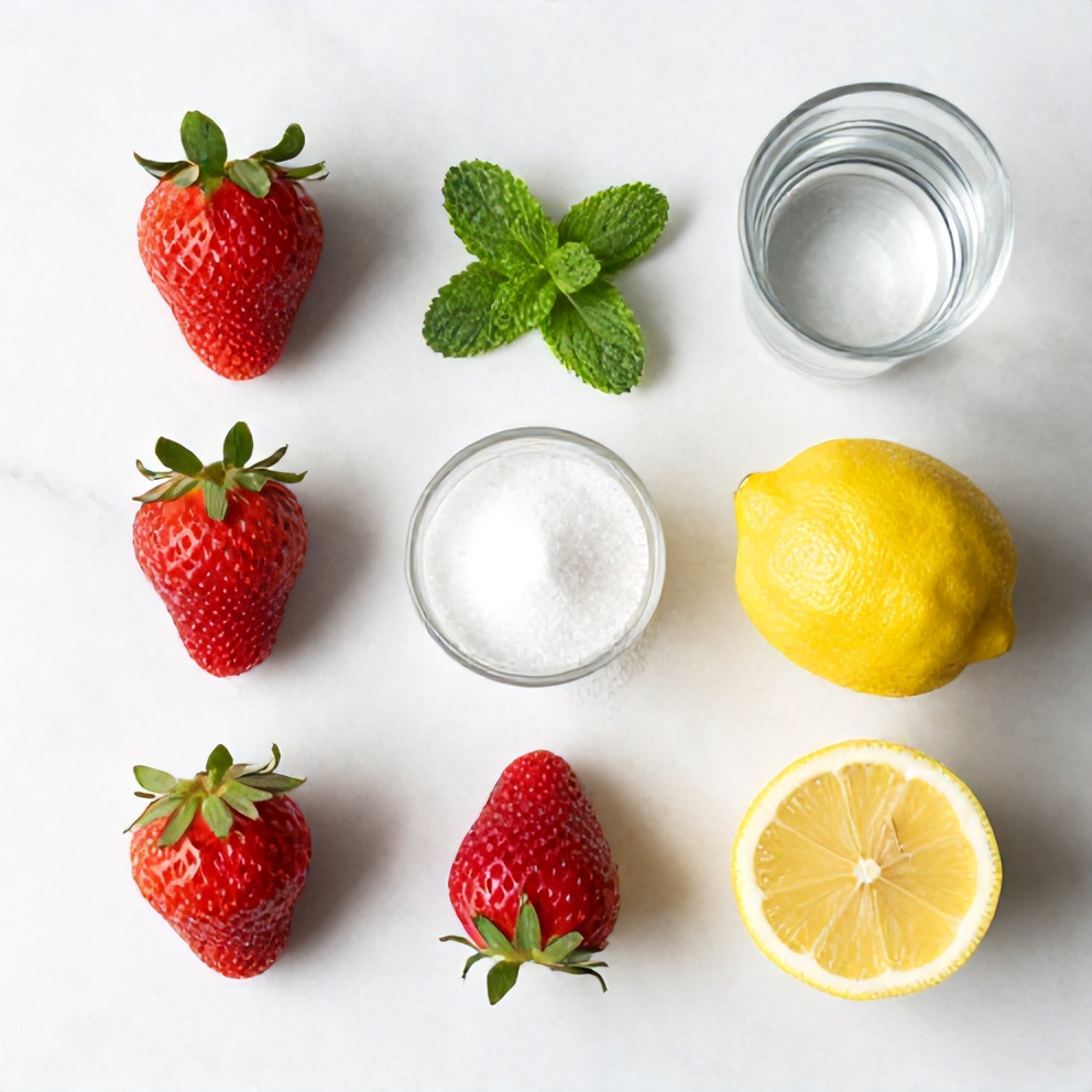 Strawberries, lemons, fresh mint, sugar, and water on a marble surface
