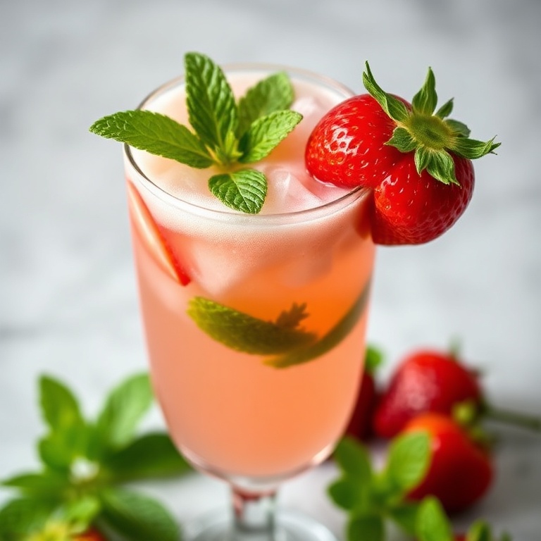A perfect glass of strawberry mocktail spritzer with mint and a strawberry garnish. Close crop showing the frothy top and fresh ingredients. No text. No watermark.