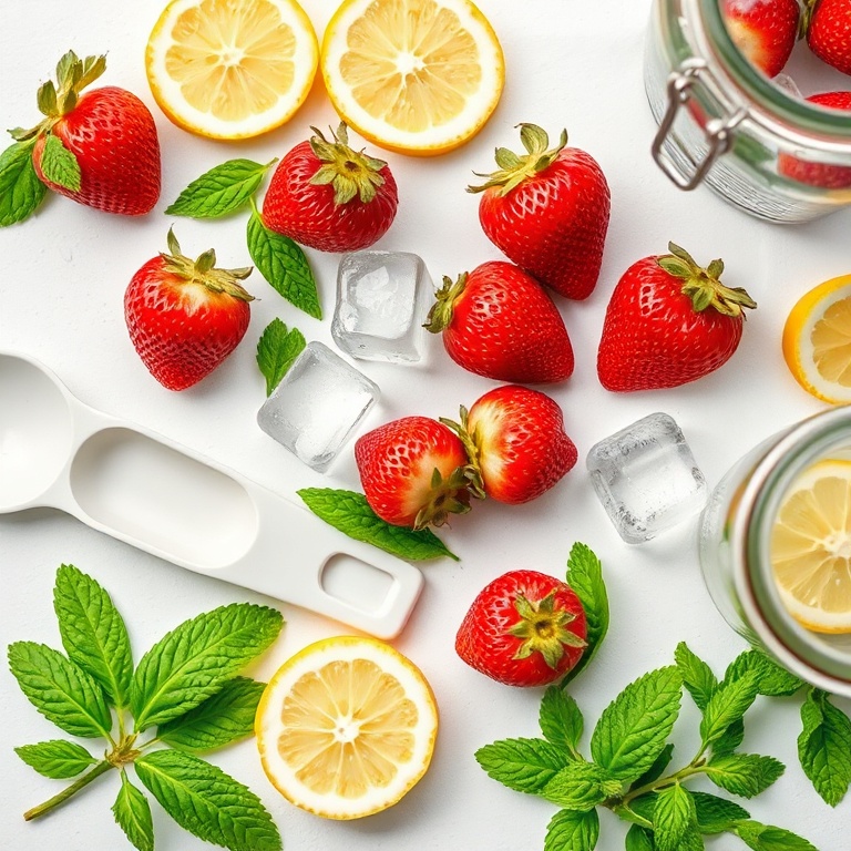 Fresh strawberries, mint leaves, ice cubes, and lemon slices arranged in a flat lay. Measuring spoons and a glass jar visible. Bright even light. No text. No watermark.