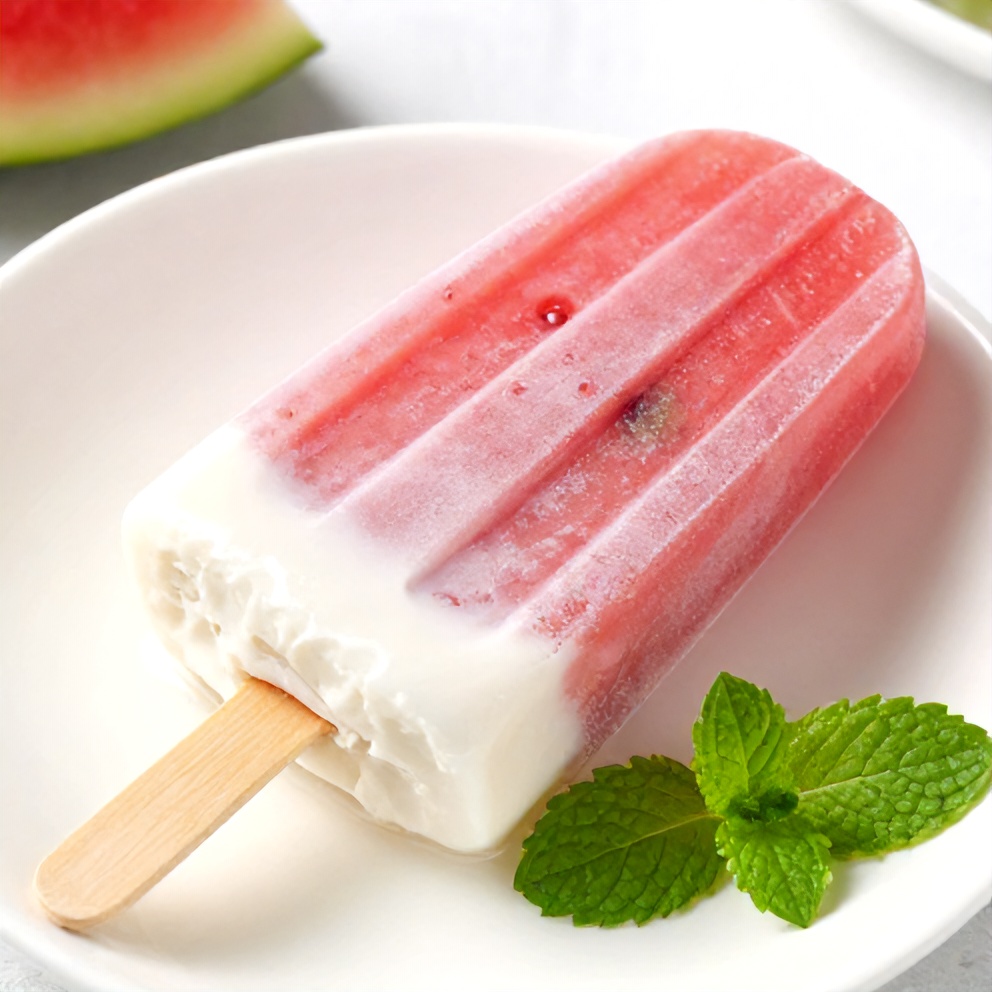 Watermelon Coconut Popsicle on a plate with a mint leaf