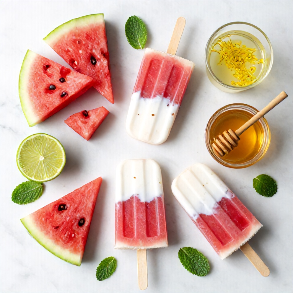 Ingredients for Watermelon Coconut Popsicles on a marble surface