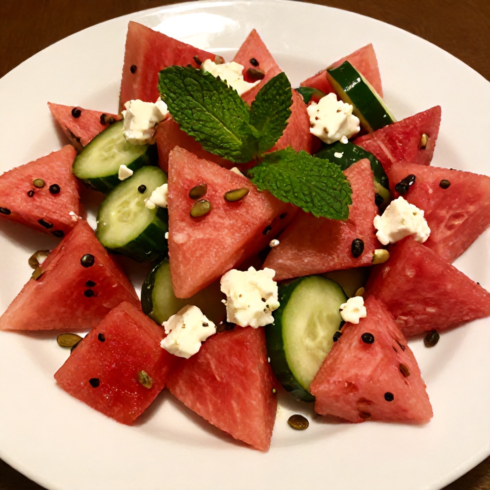 Plated serving of watermelon cucumber salad with feta and mint