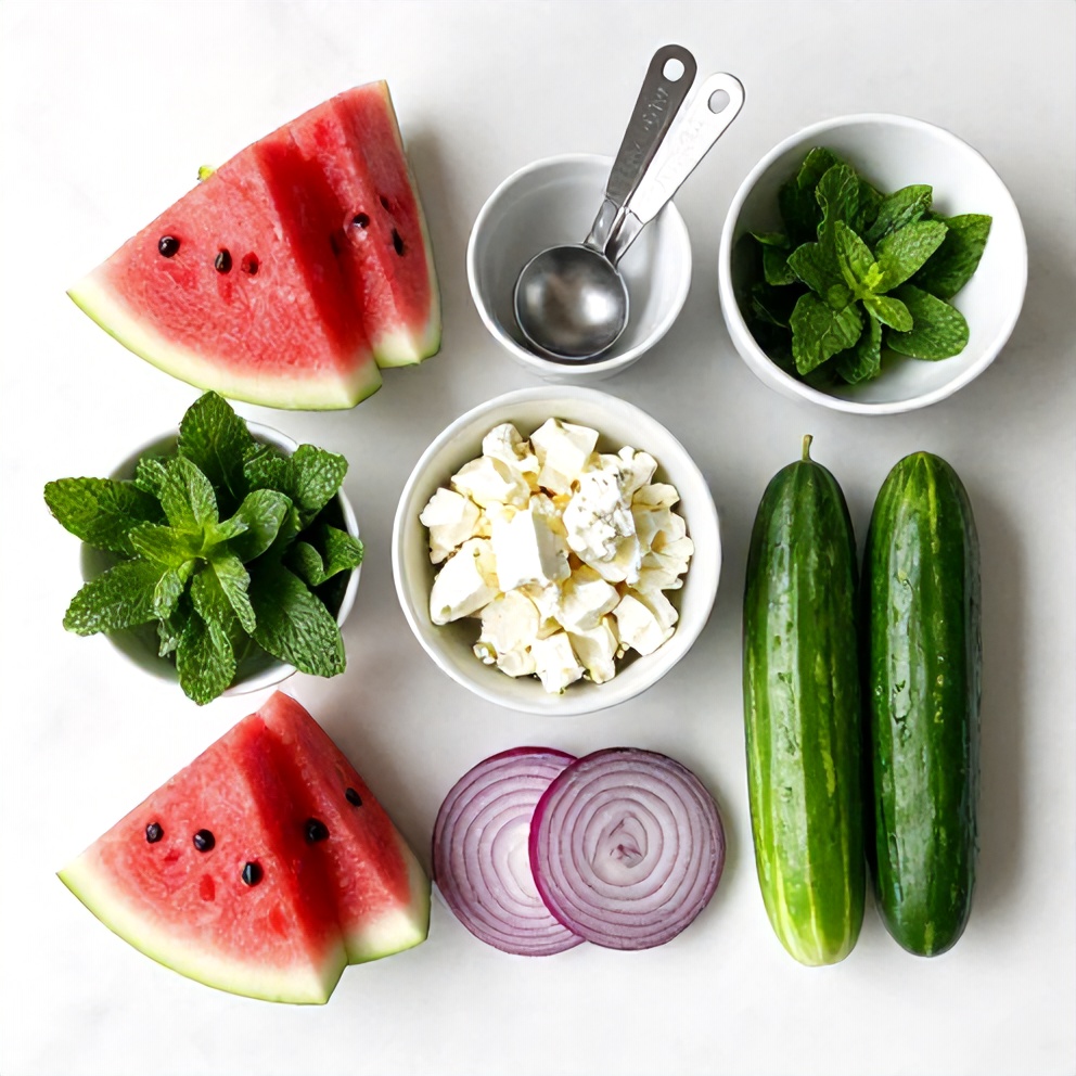 Raw ingredients for watermelon cucumber salad on a marble surface