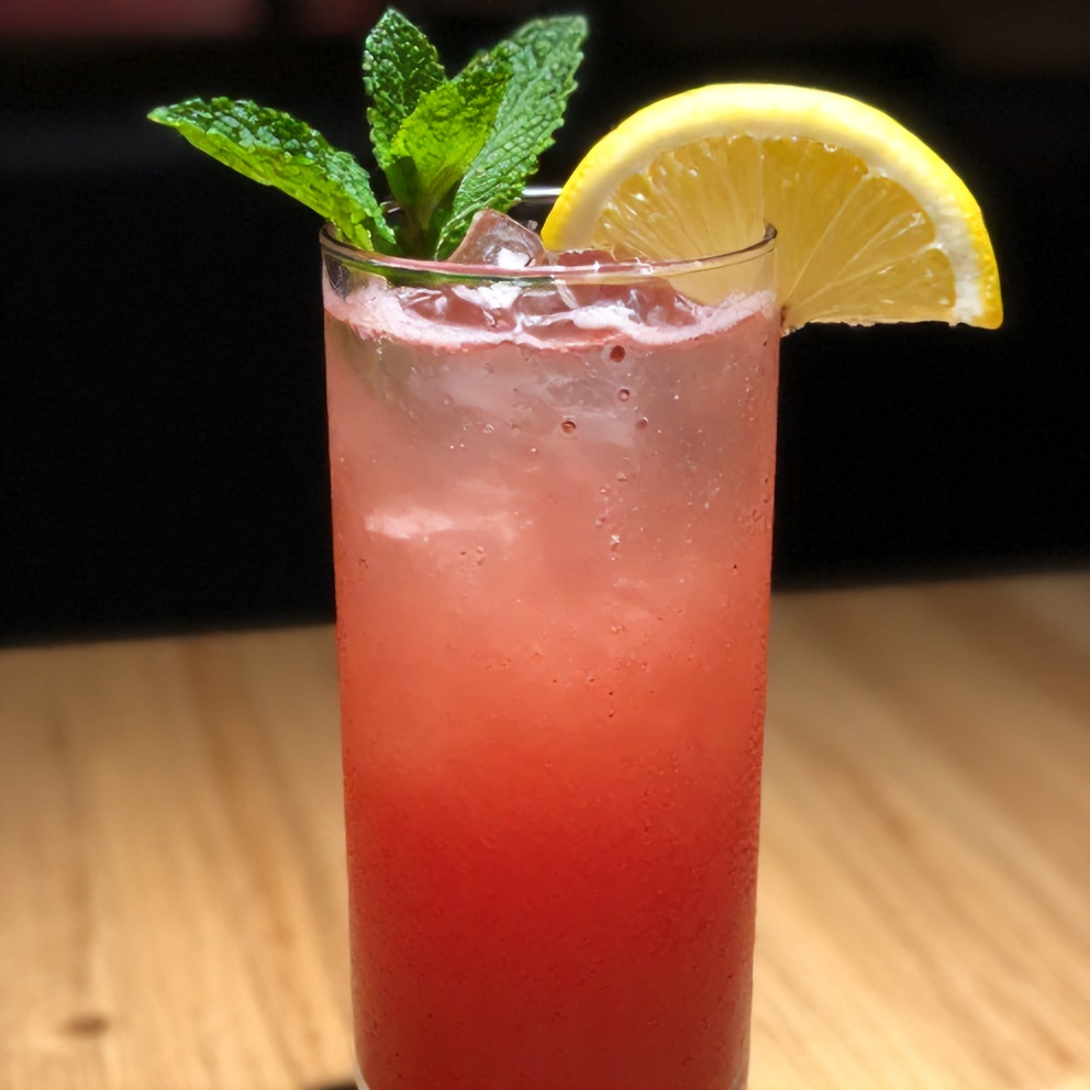 Watermelon Rose Cooler garnished with mint and lemon slice
