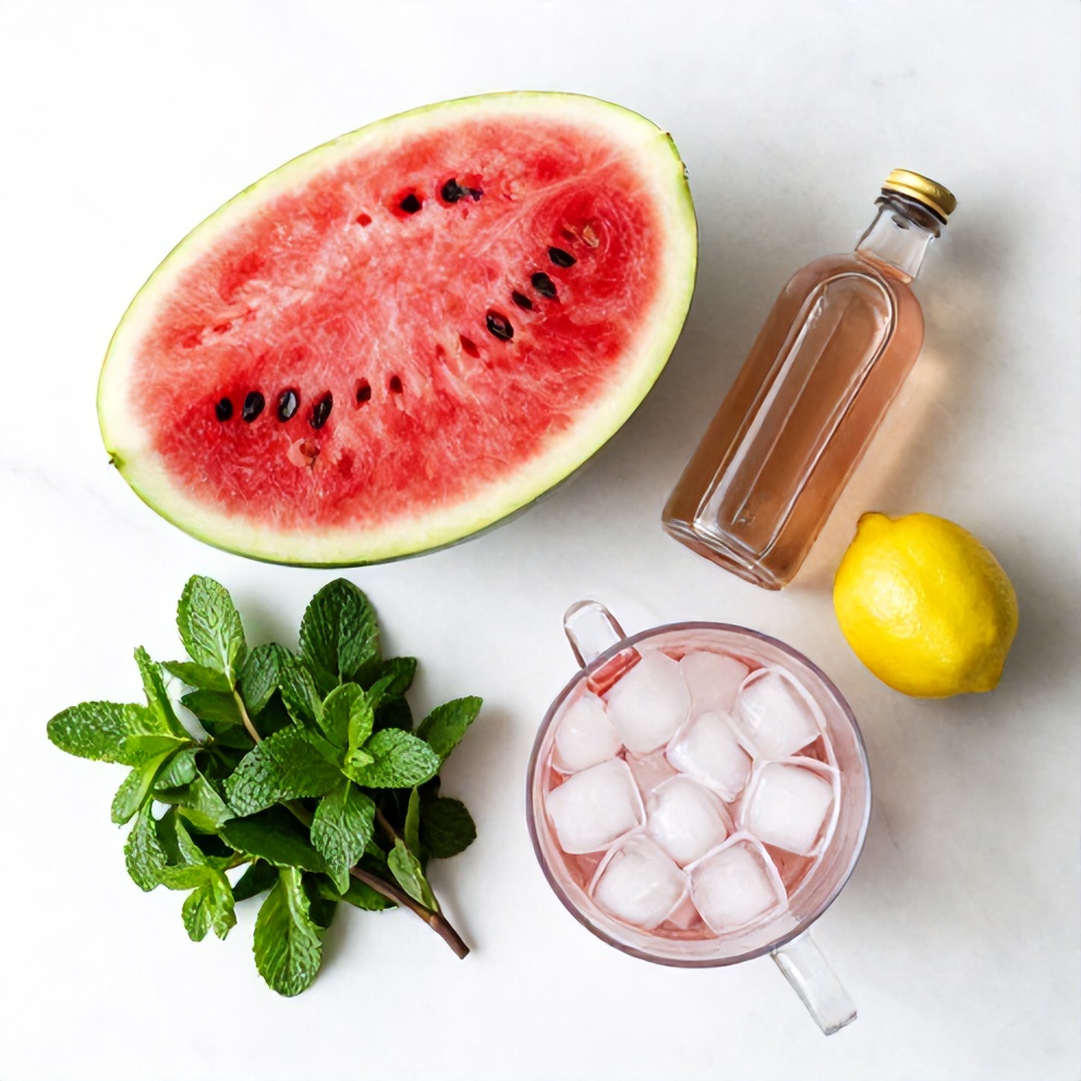 Watermelon, rose water, lemon, mint, and ice for Watermelon Rose Cooler