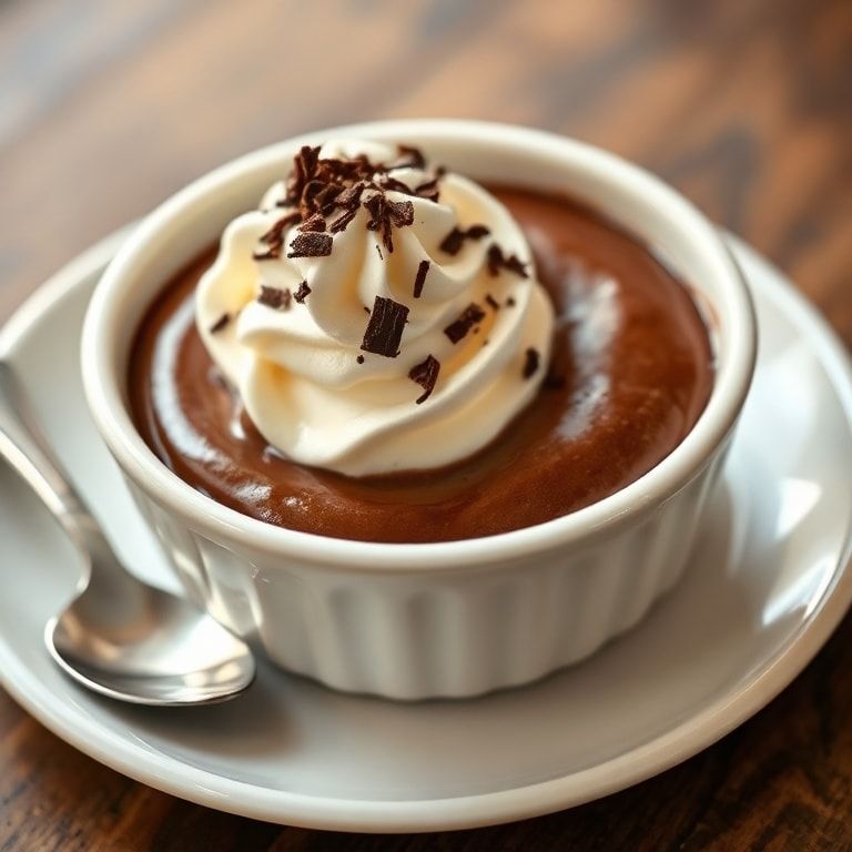 Single serving of chocolate budino garnished with whipped cream and shaved chocolate on white bowl