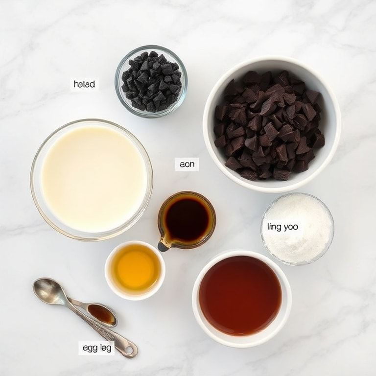 Raw ingredients for chocolate budino including heavy cream, dark chocolate chunks, sugar, eggs, vanilla extract arranged overhead